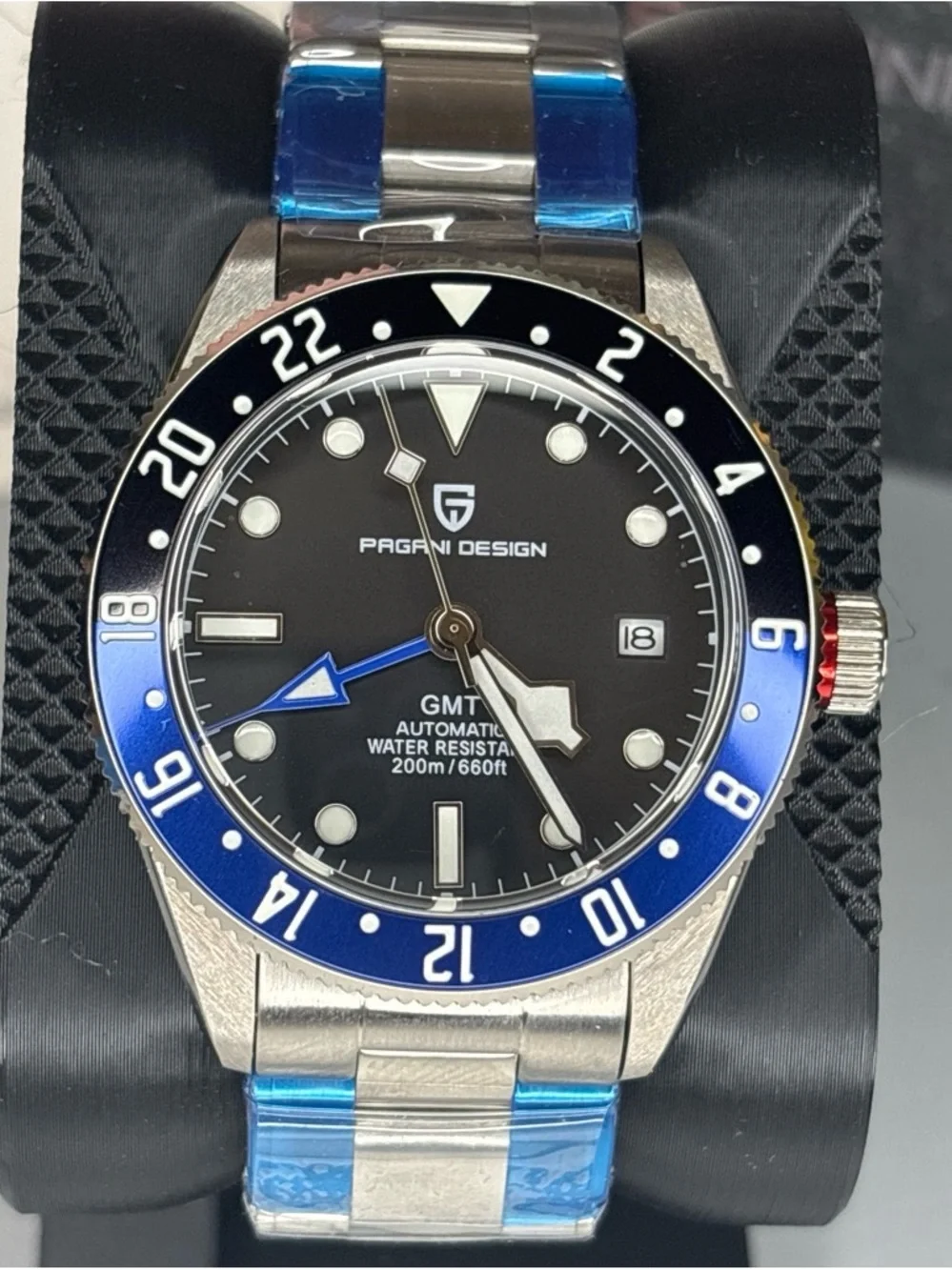 PAGANI DESIGN Black and Blue GMT Automatic Men's Stainless Steel Watch 41mm